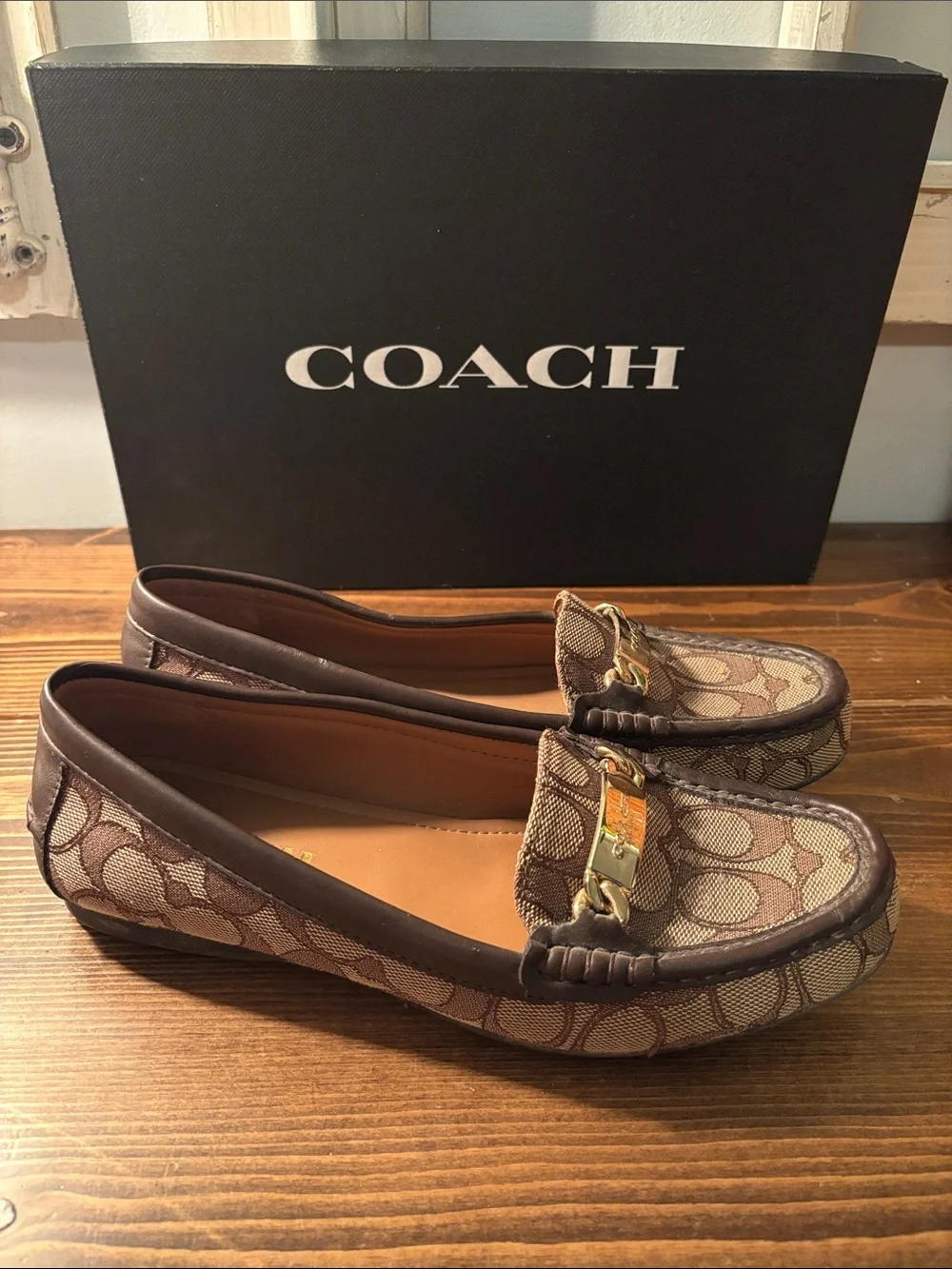 Coach Tan and Brown Signature Canvas Loafers with Gold Plaque